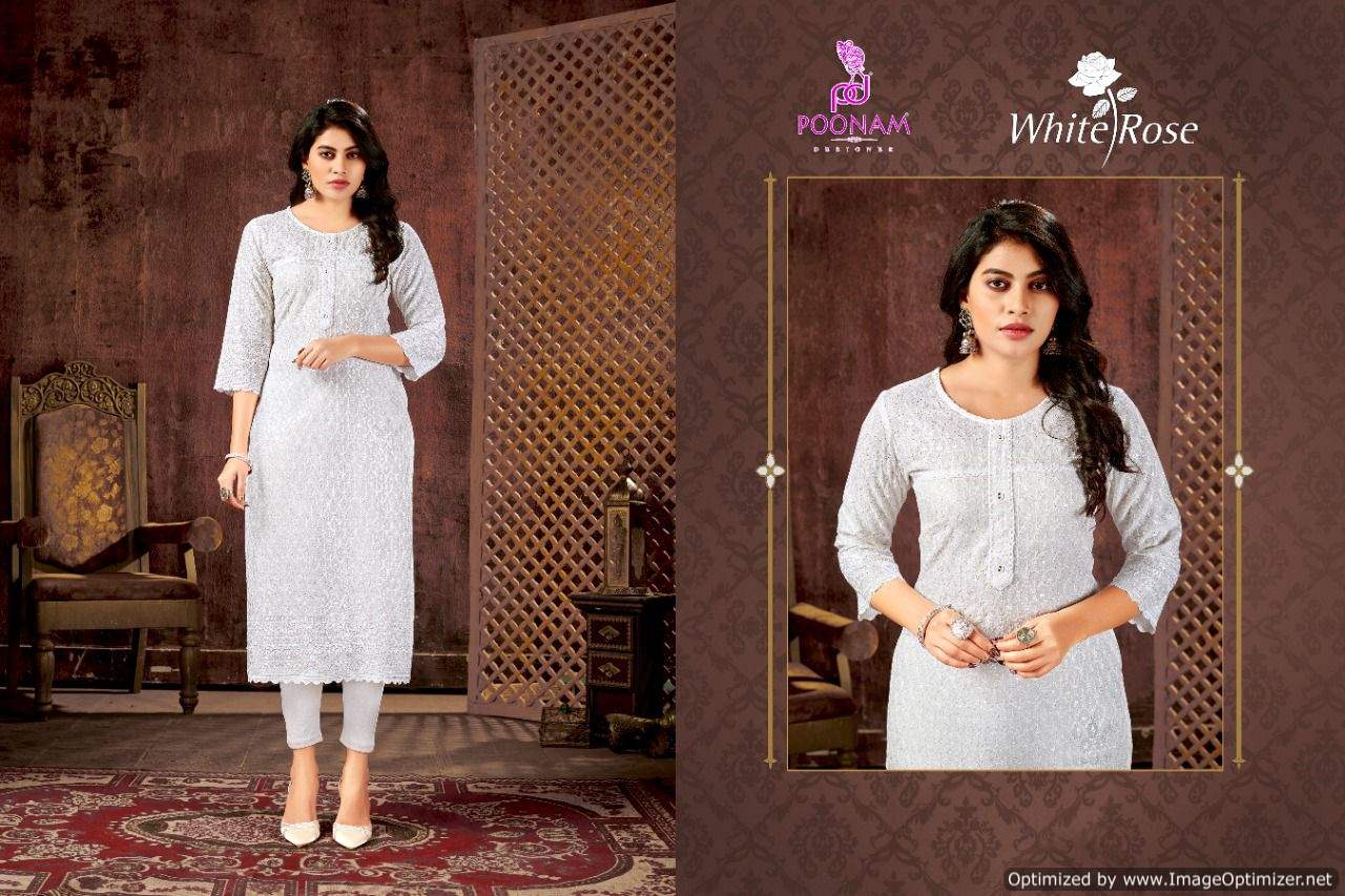 Poonam White Rose Regular Fancy Festive Wear Rayon Designer Kurti Collection
